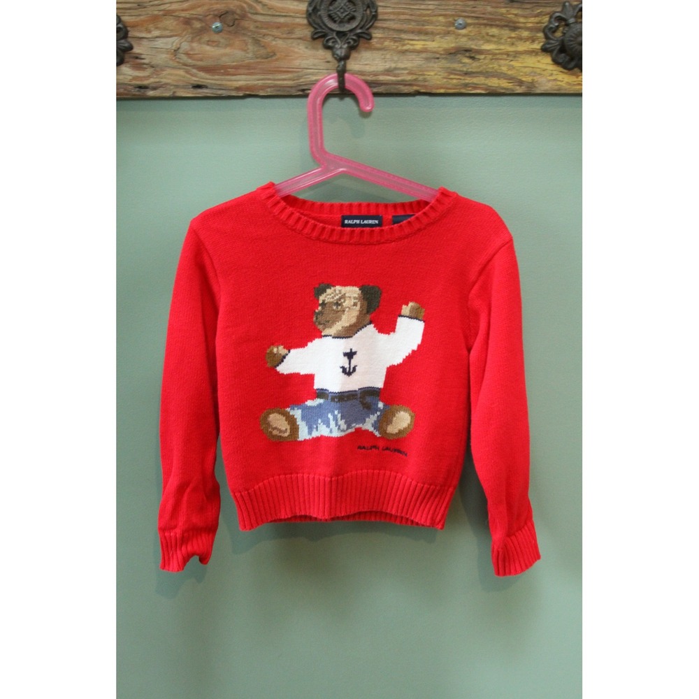 Vintage‎ Ralph Lauren Kids Red Cotton Nautical Bear Knit Sweater Size 4/5